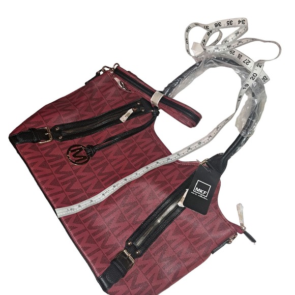 NWT- Gorgeous Rich DEEP RED & Black MKF LARGE Satchel Purse - Picture 6 of 7